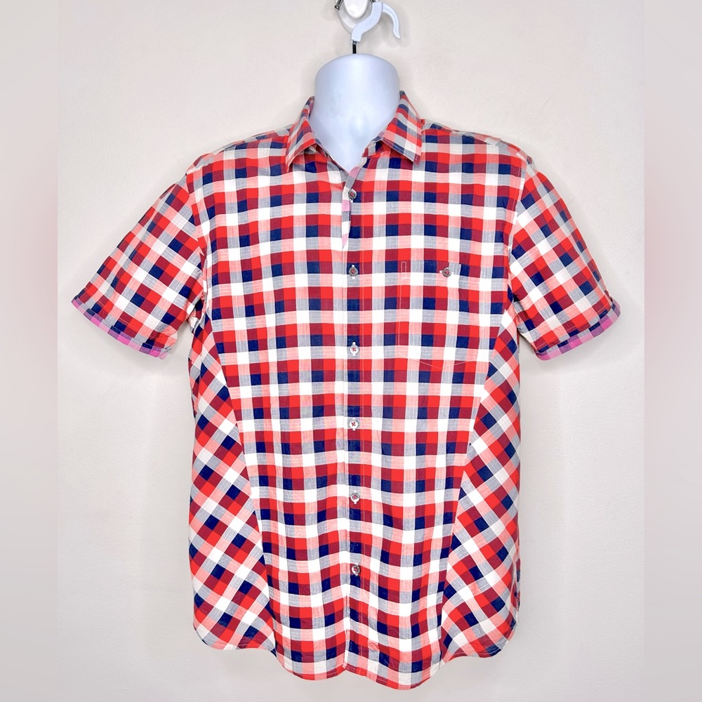 [Ted Baker London] Men’s Short Sleeve Geometric Plaid Shirt